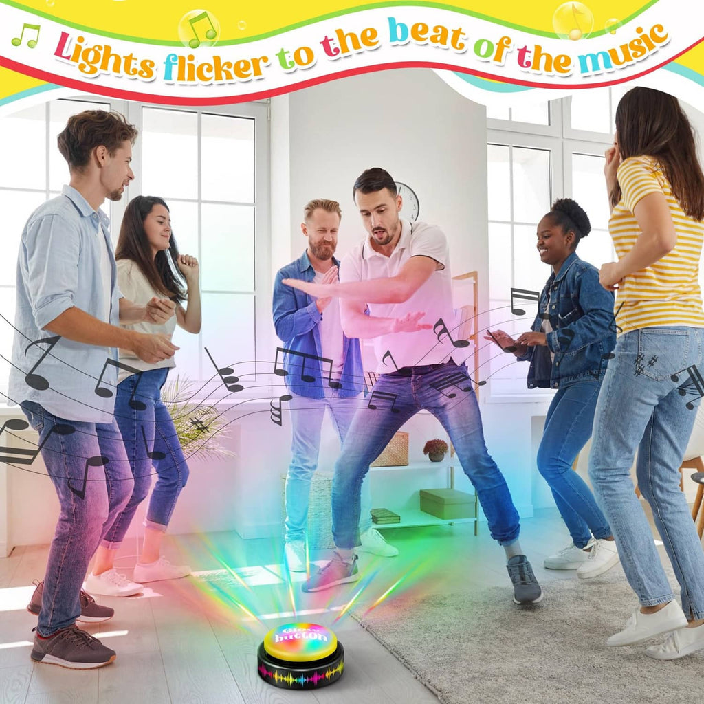 Yellow-top glowing dance music button with multicolored light ring on black base