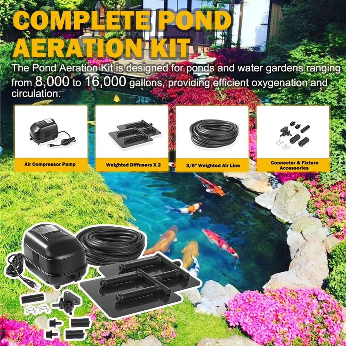 Complete pond aeration kit components: pump, diffusers, air line, and connectors