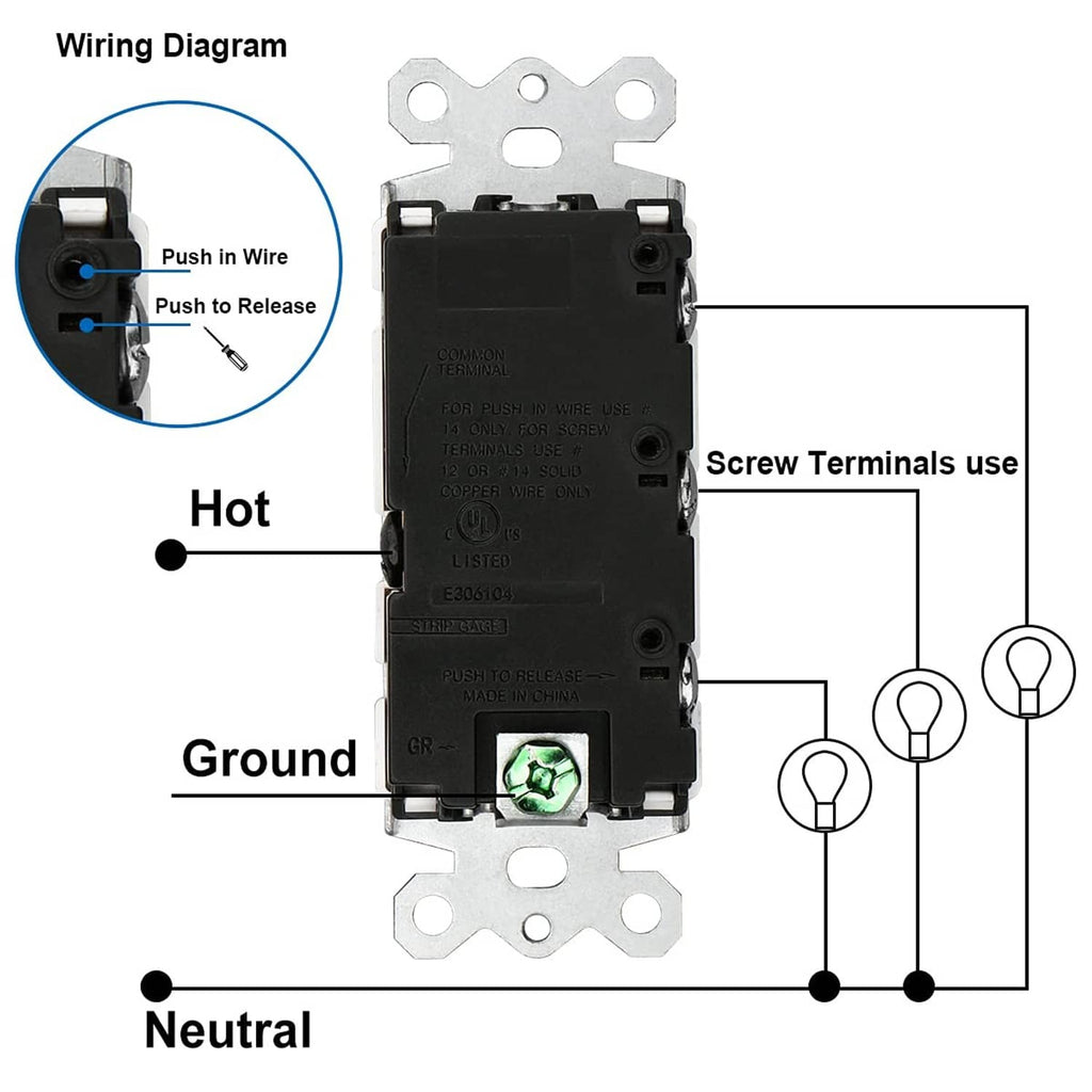 Triple rocker light switch with wiring diagram showing hot, ground, and neutral
