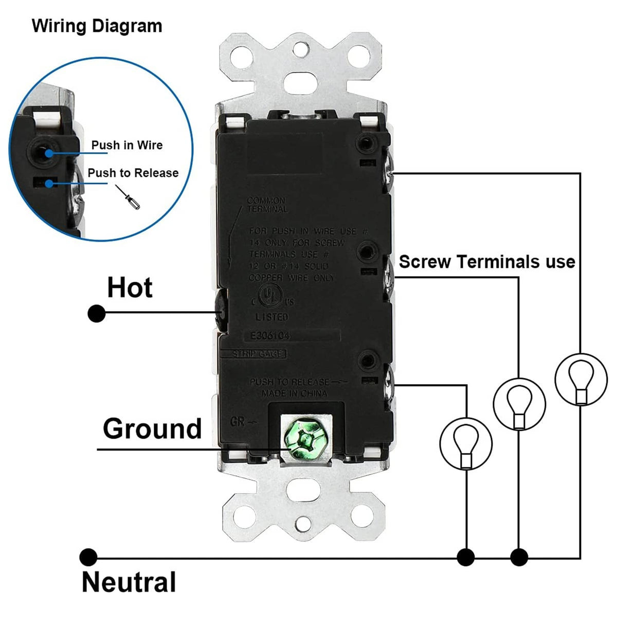 Triple rocker light switch with wiring diagram showing hot, ground, and neutral