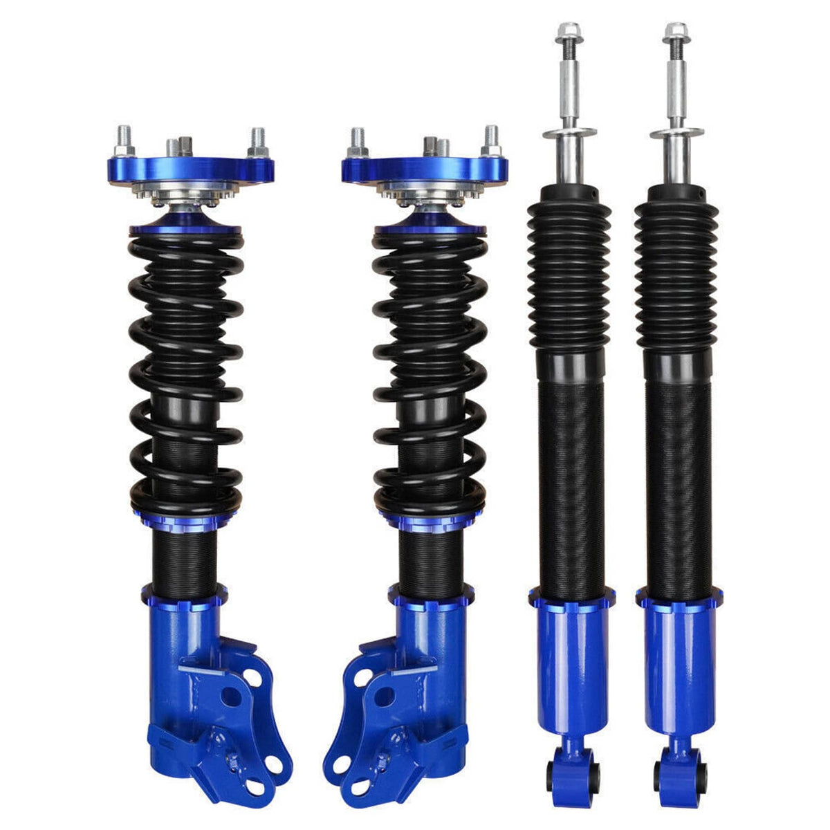 Pair of blue-and-black coilover shocks with threaded bodies and spring seats, front view
