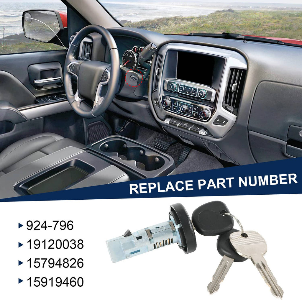 Vehicle dashboard interior with ignition lock cylinder and keys in foreground