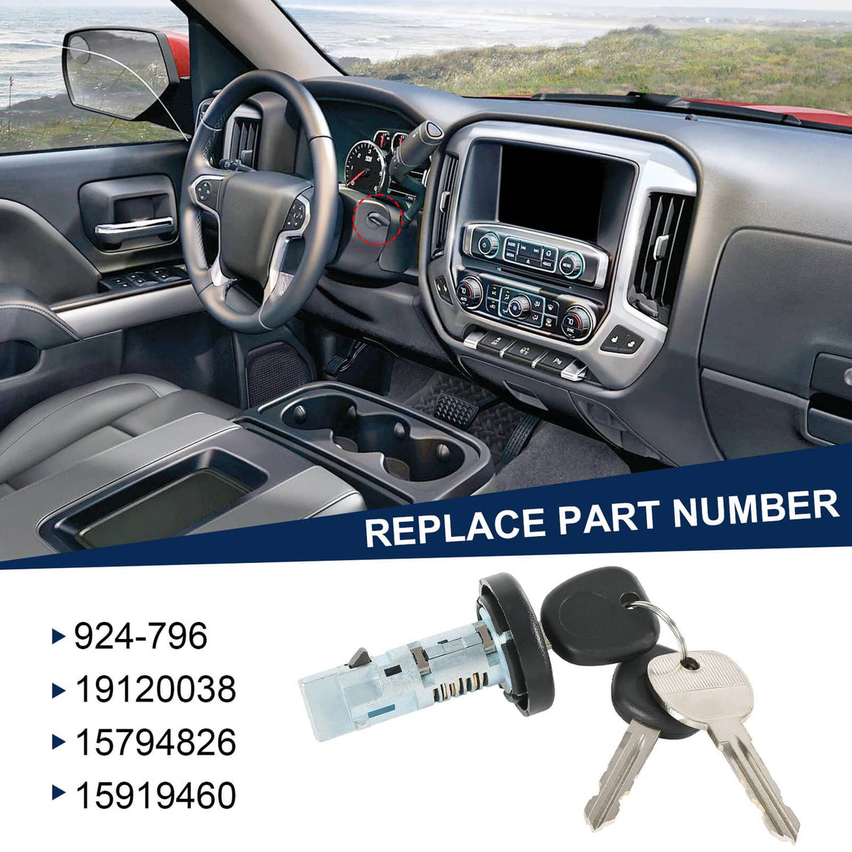 Vehicle dashboard interior with ignition lock cylinder and keys in foreground