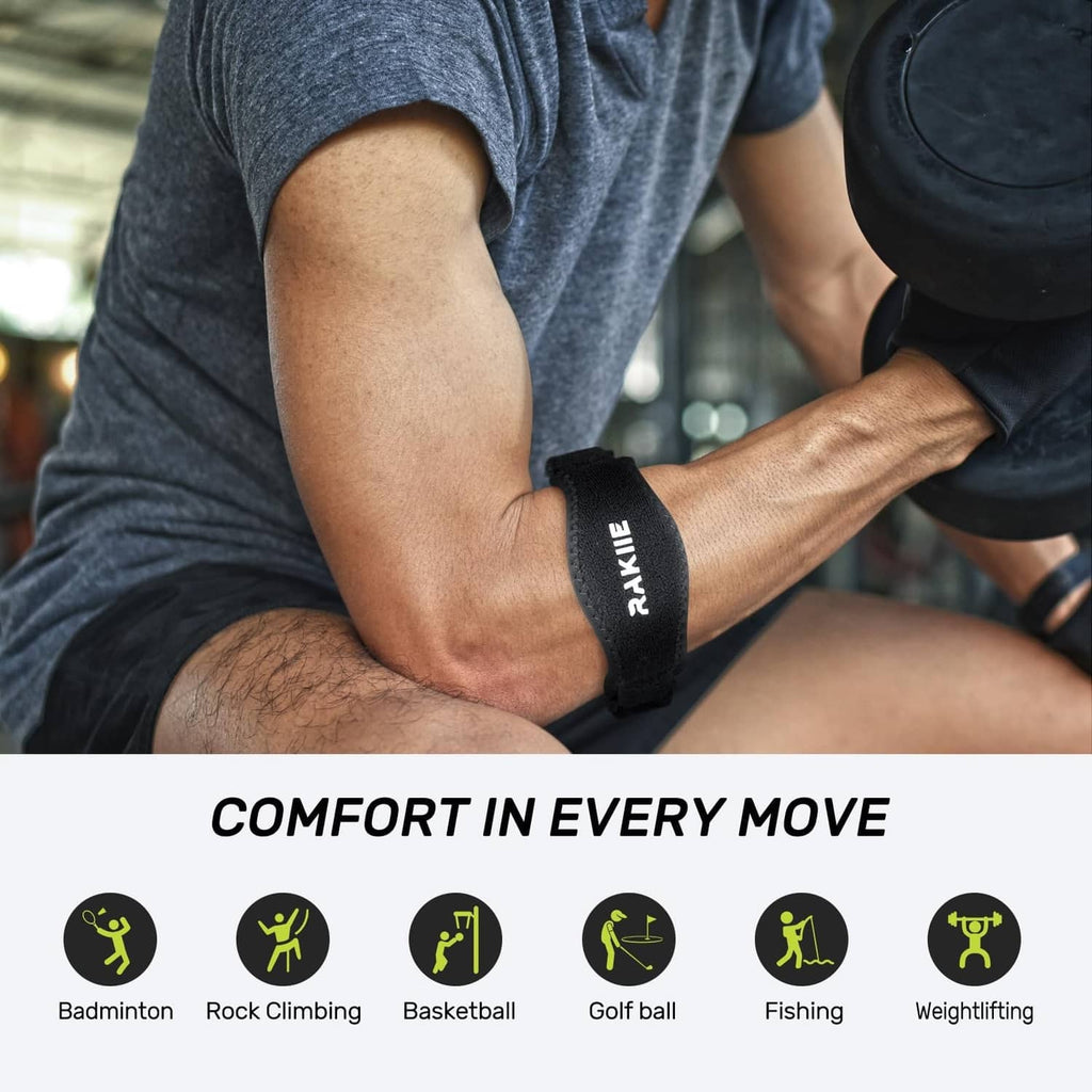 Black tennis elbow brace worn by a man during exercise for joint support.