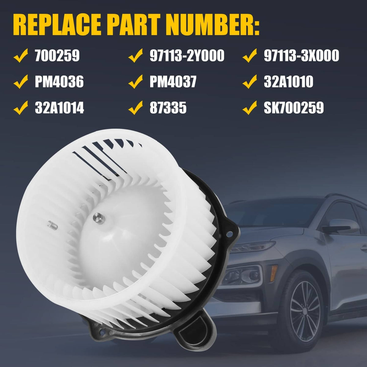 HVAC blower motor with fan cage, white fan wheel with mounting clips on black base