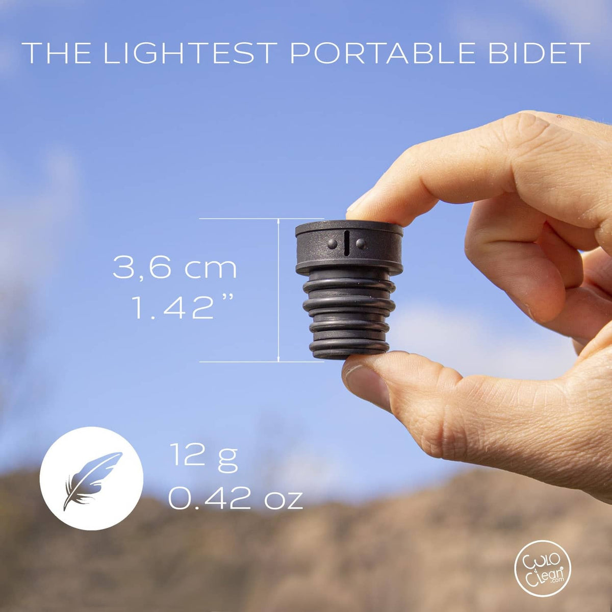 Black portable bidet nozzle held by hand, compact travel-sized design