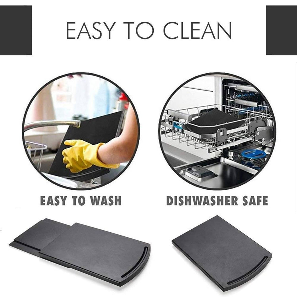 Dark sliding caddy tray with easy-clean surface; dishwasher-safe design shown