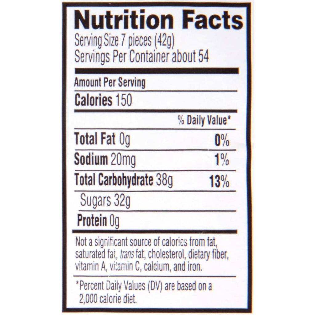 Nutrition facts label for red gummy fish candy, 150 calories per serving