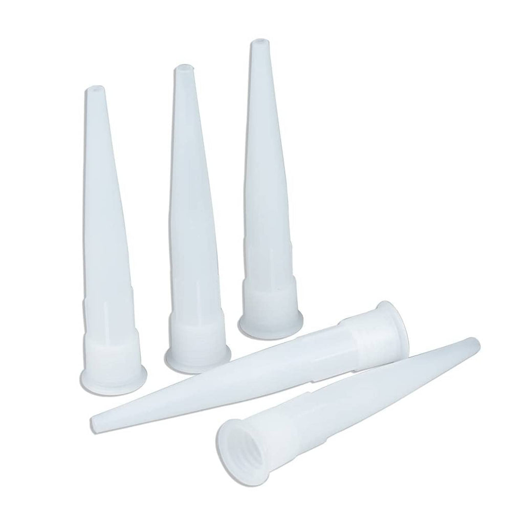 Set of white plastic caulk nozzle tip extenders with threaded inner openings