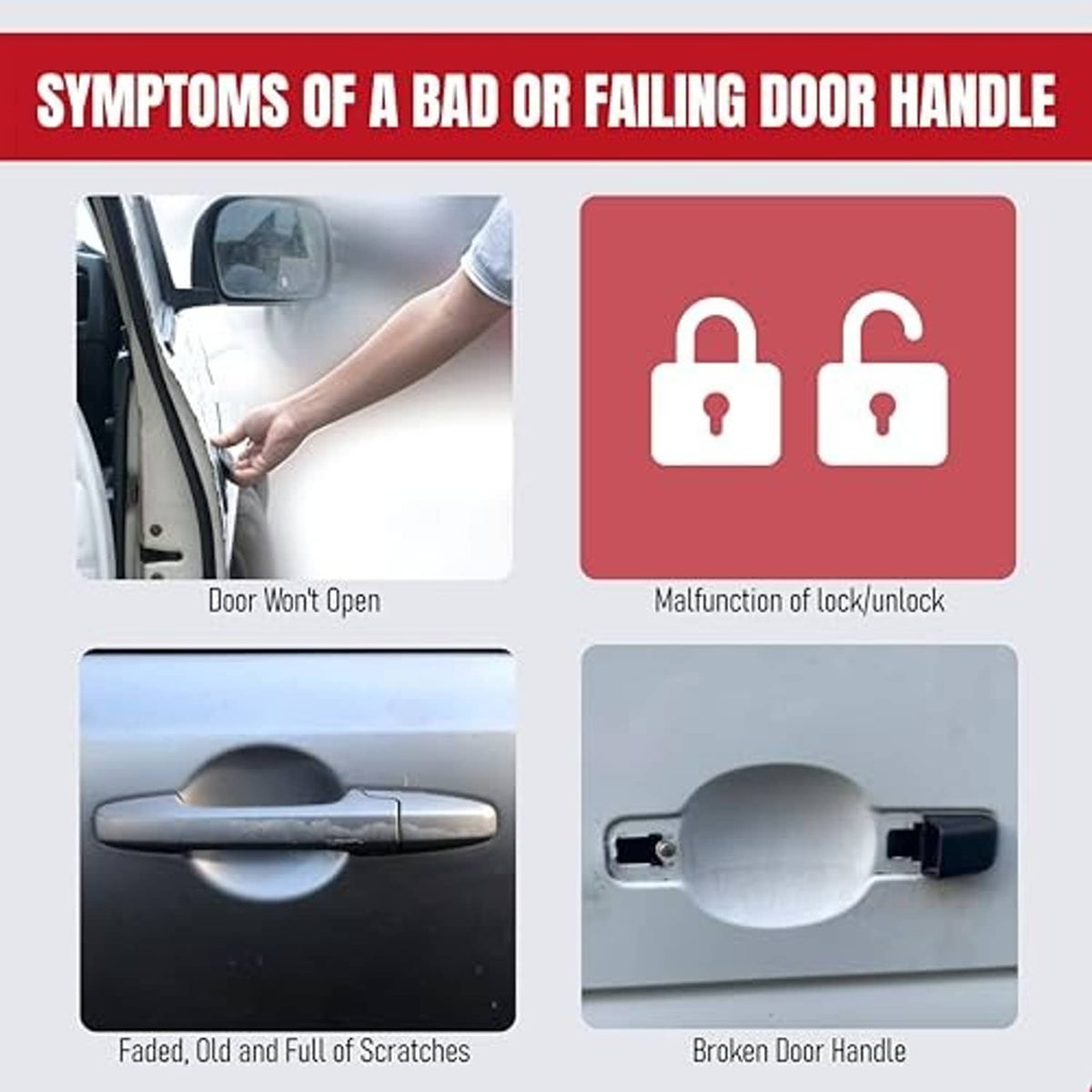 Infographic showing symptoms of failing tailgate door handle and broken handle