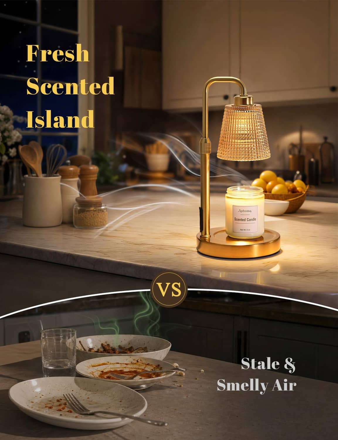 Gold candle warmer lamp with amber shade and scented jar candle on kitchen counter