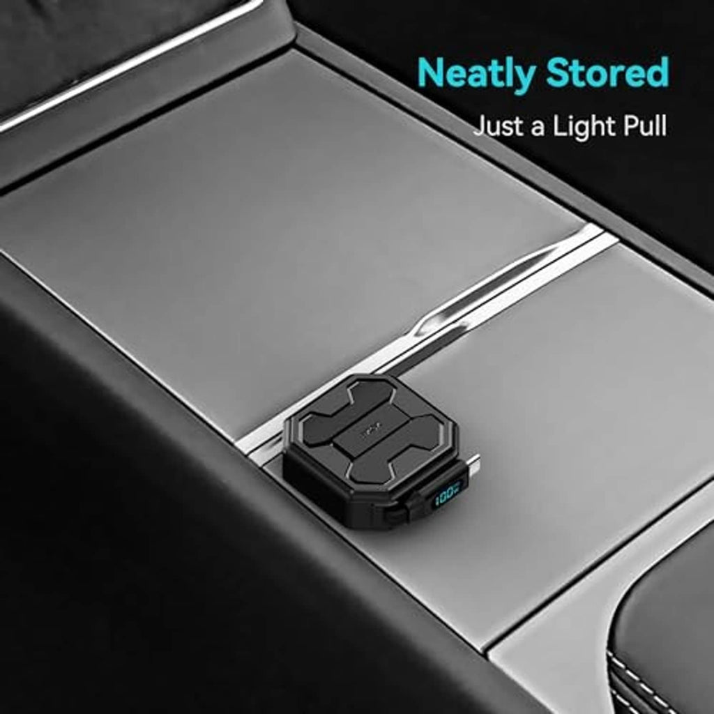 Retractable charging cable neatly stored in compact base with LED display