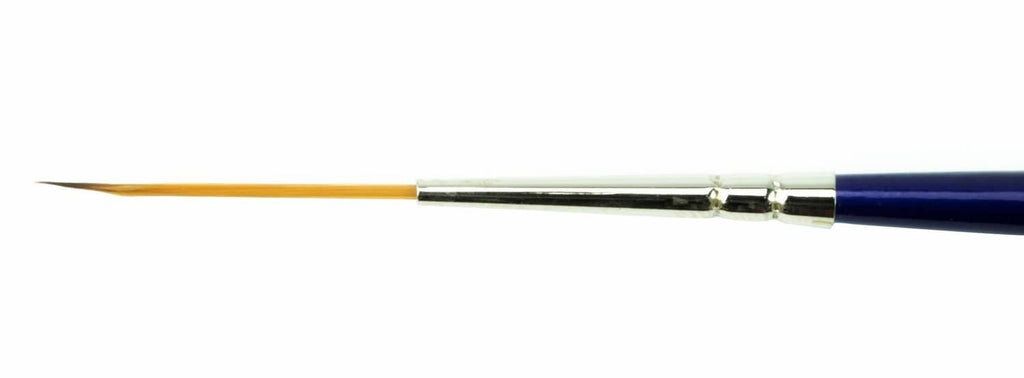 Paintbrush angled view showing yellow bristles, silver ferrule, and navy handle end