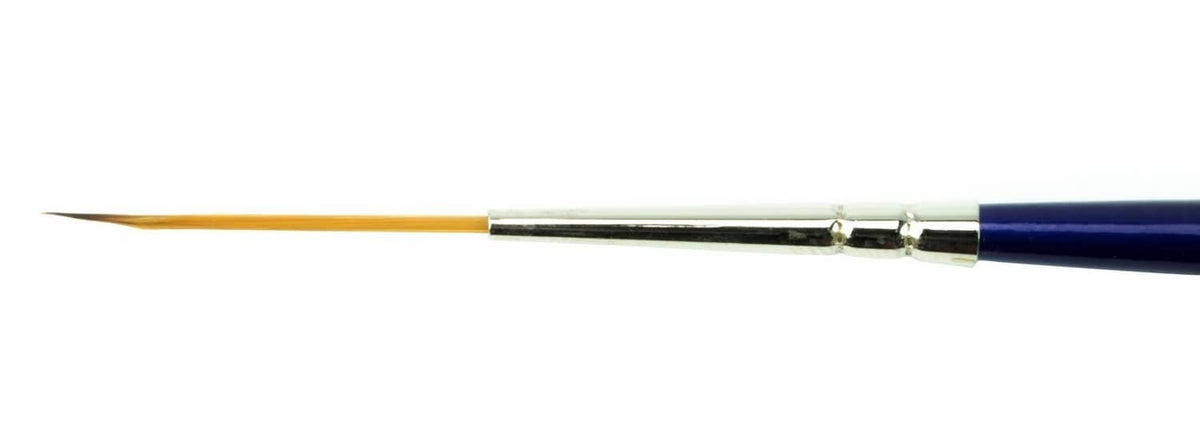 Paintbrush angled view showing yellow bristles, silver ferrule, and navy handle end