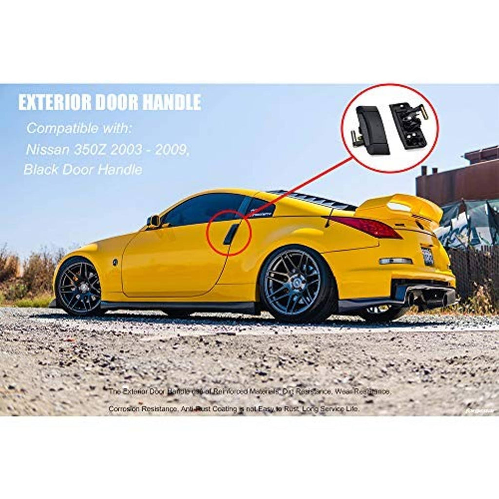 Black exterior door handle set with mounting hardware, shown in inset