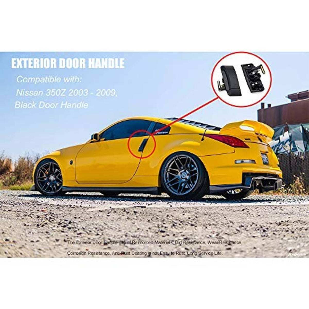 Black exterior door handle set with mounting hardware, shown in inset