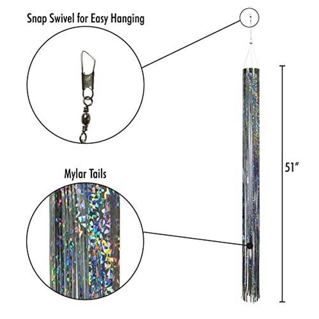 Holographic mylar windsock with snap swivel hook and long metallic tail fringe