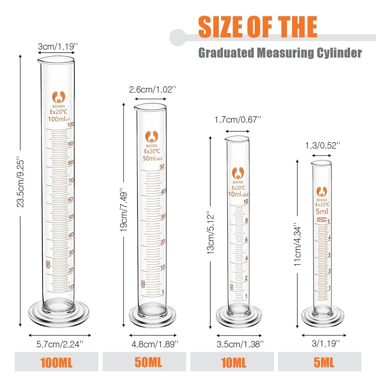 Graduated glass measuring cylinders with clear scale and embossed size markings