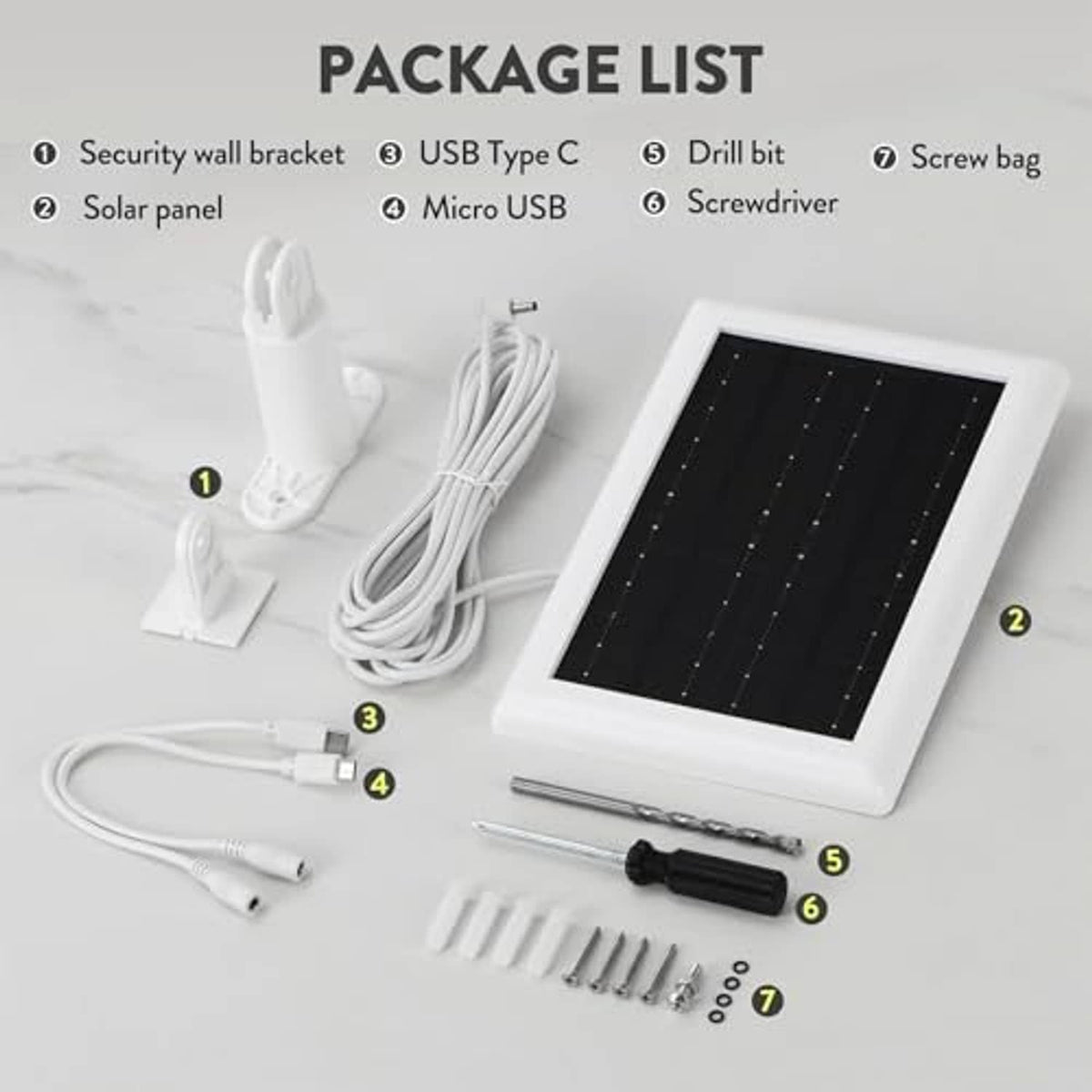 Solar panel charger package contents with wall bracket, cables, drill bit, and screws