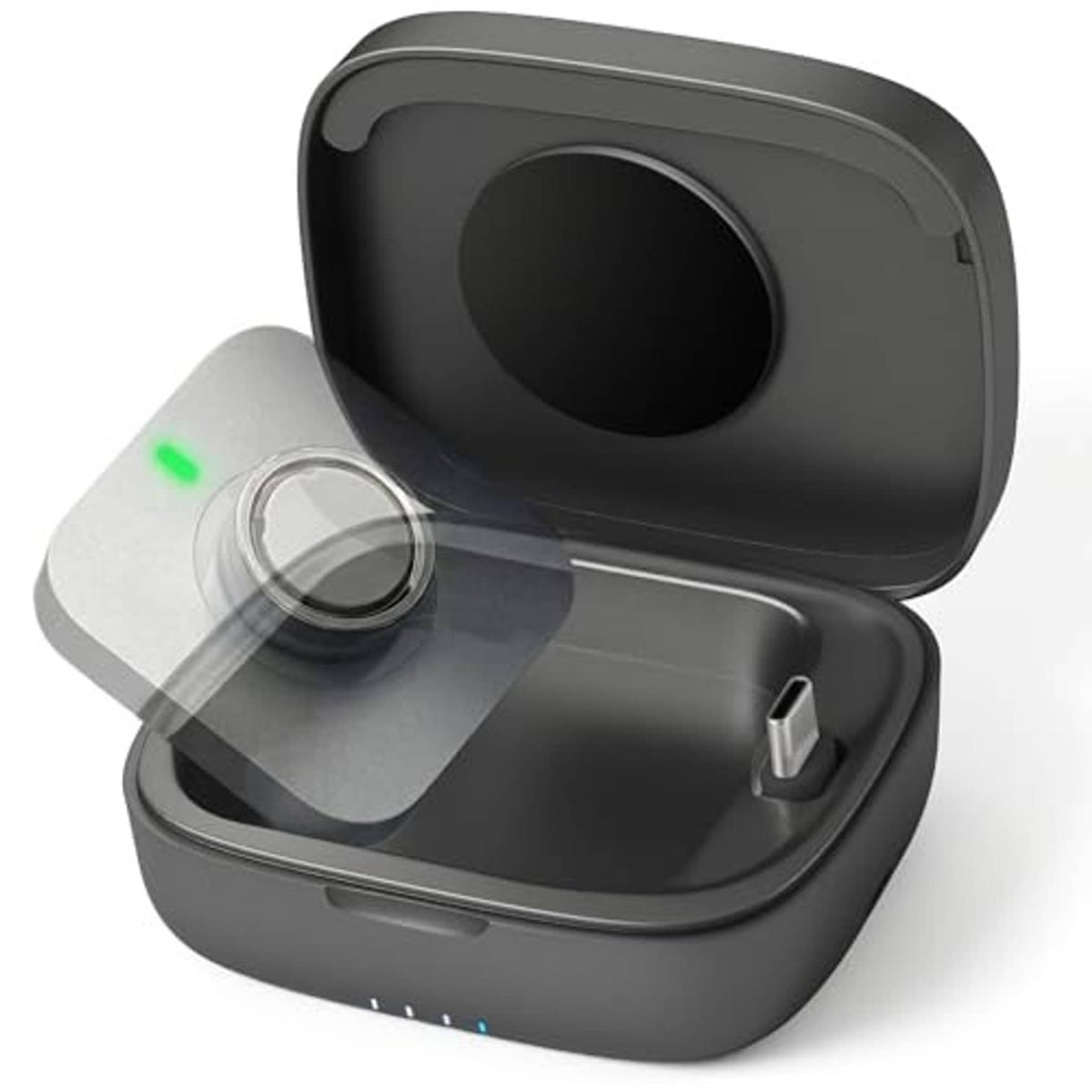 Dark gray charging case open, showing circular ring charger and USB-C port