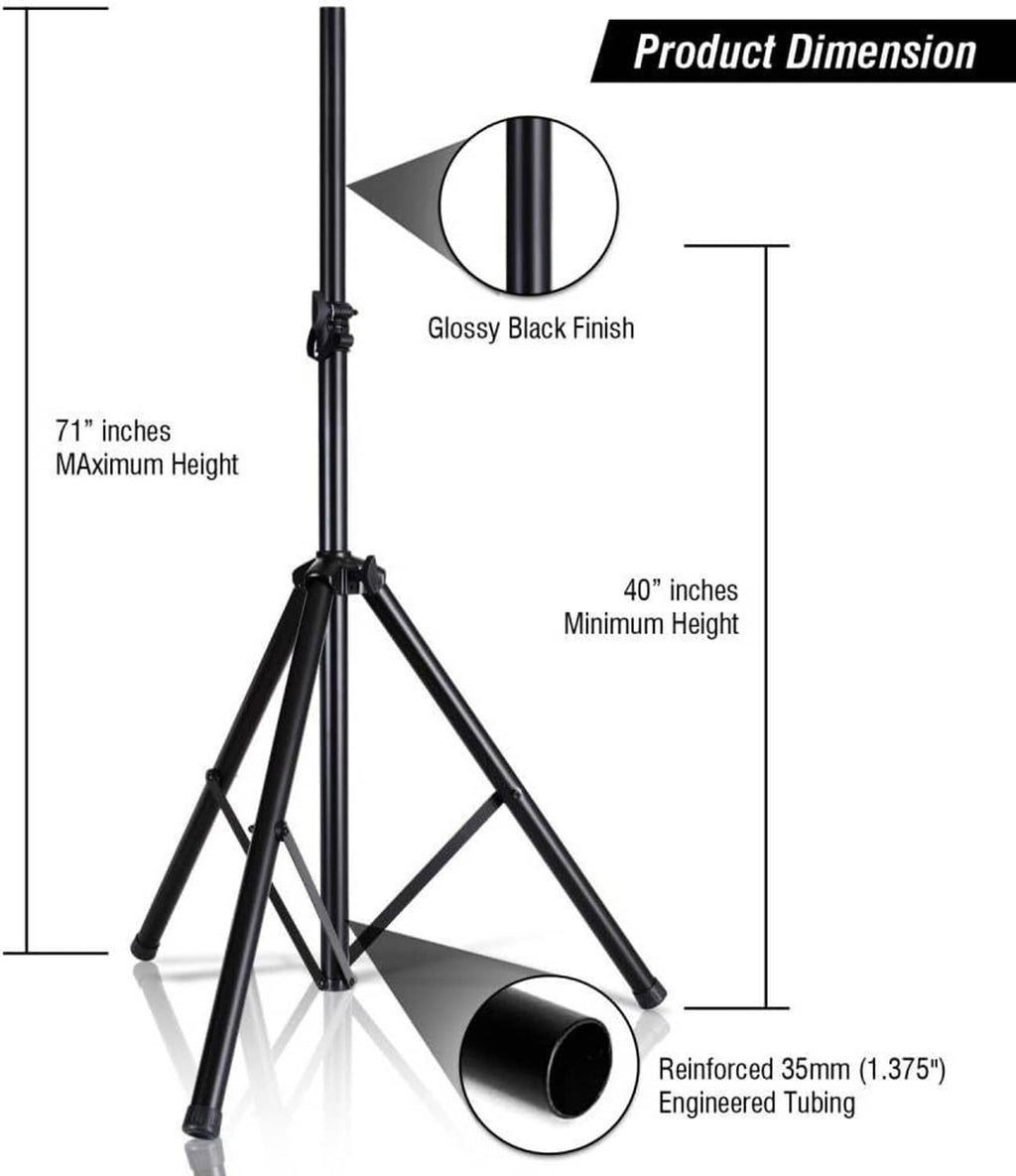 Black tripod speaker stand with reinforced tubing and telescoping center pole