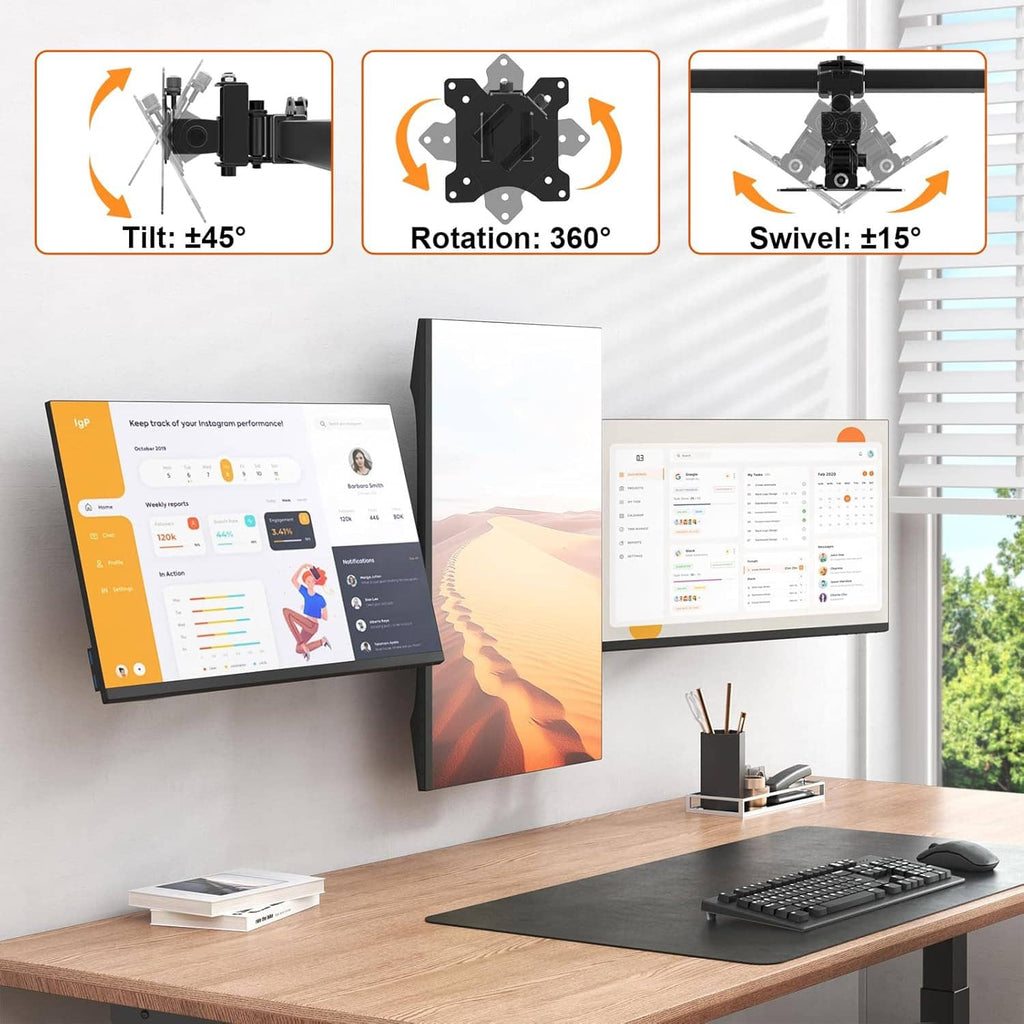 Triple monitor wall mount with tilt, rotation, and swivel adjustment options for three displays