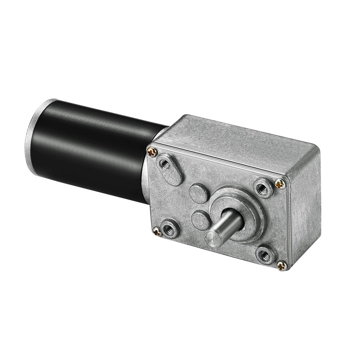 Worm gear speed reducer motor with black tube and silver end housing, front output shaft