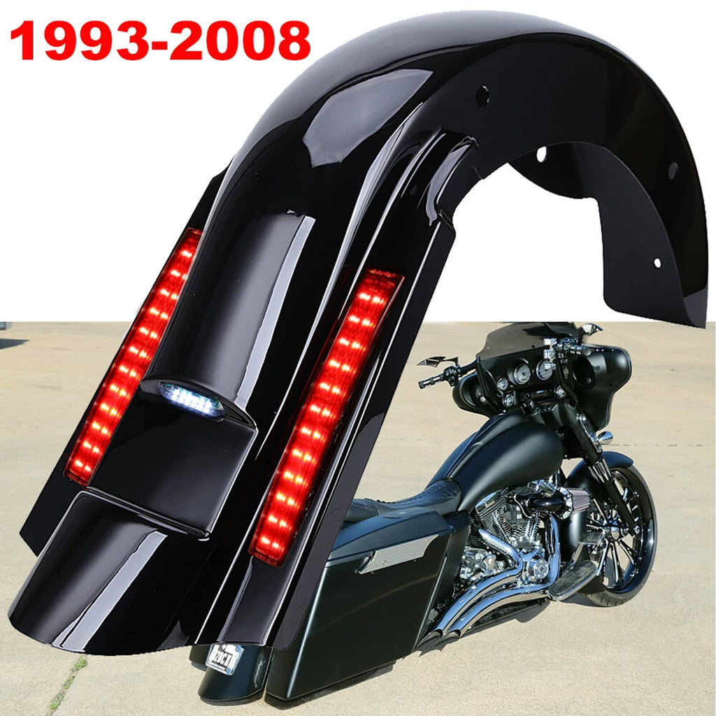 Rear fender with black hood and chrome trim, red LED light strips for Harley touring