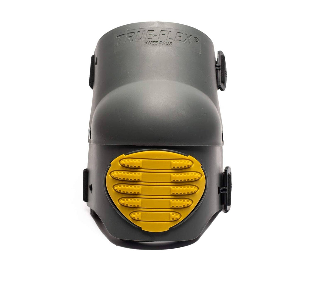 Front view knee foam padding pad with dark gray shell and oval yellow grip pad