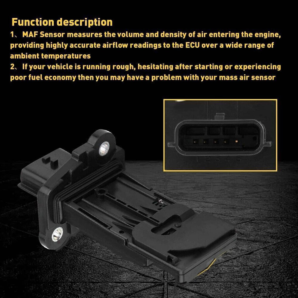 Black mass air flow sensor with exposed connector area and housing detail