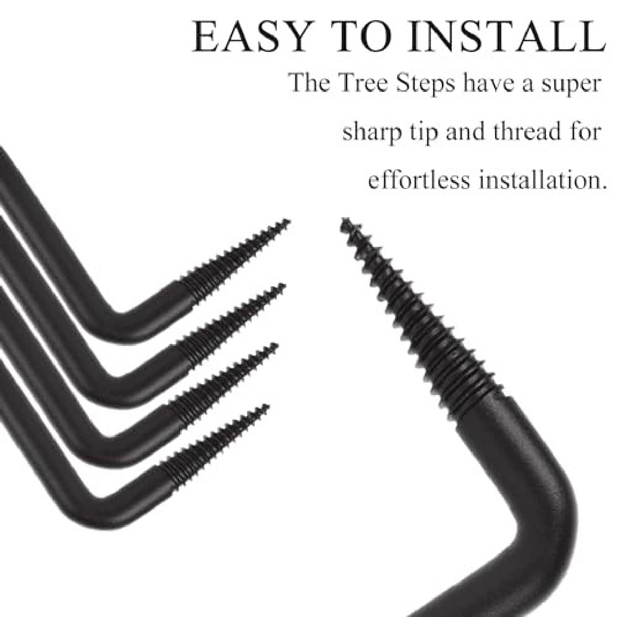 Black screw-in tree step showing sharp threaded tip for easy installation