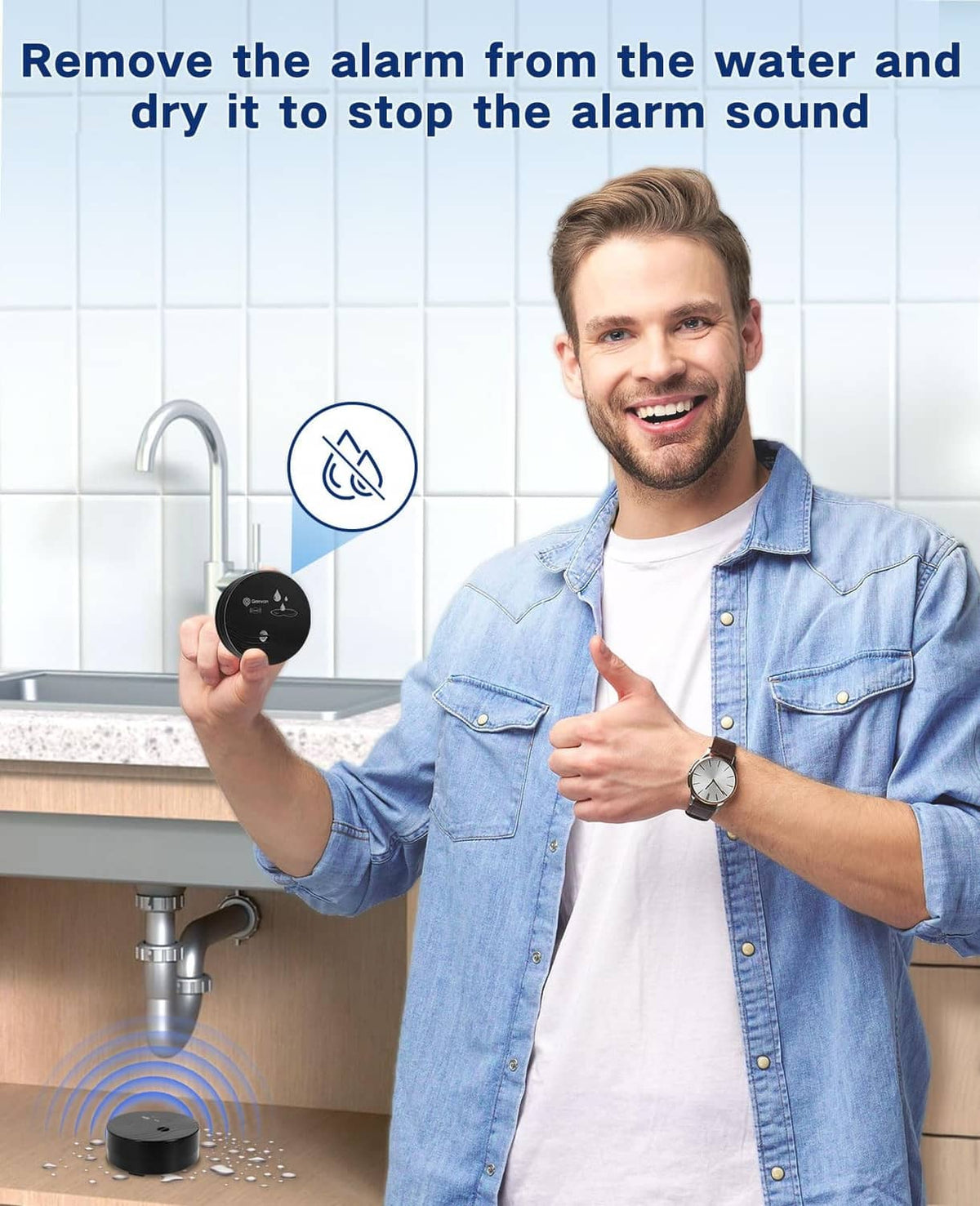 Geevon black round water leak detector alarm held by a person near faucet
