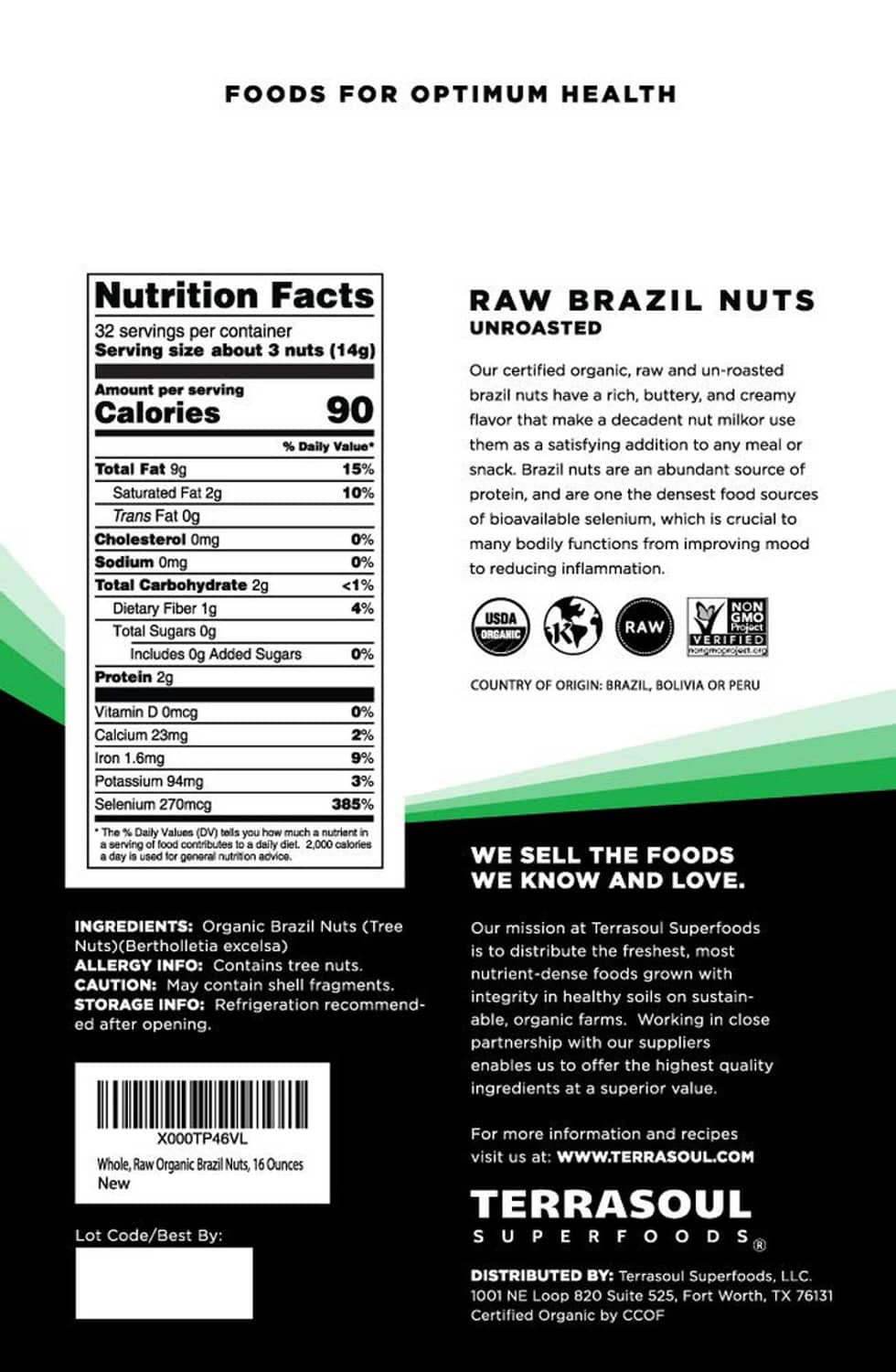 Raw Brazil nuts nutrition facts panel on product pouch