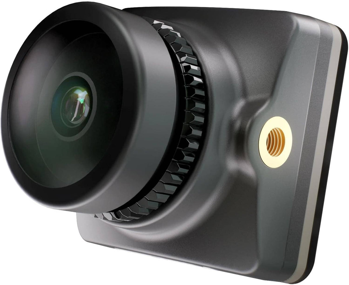 FPV micro drone camera with large black lens hood and side status light