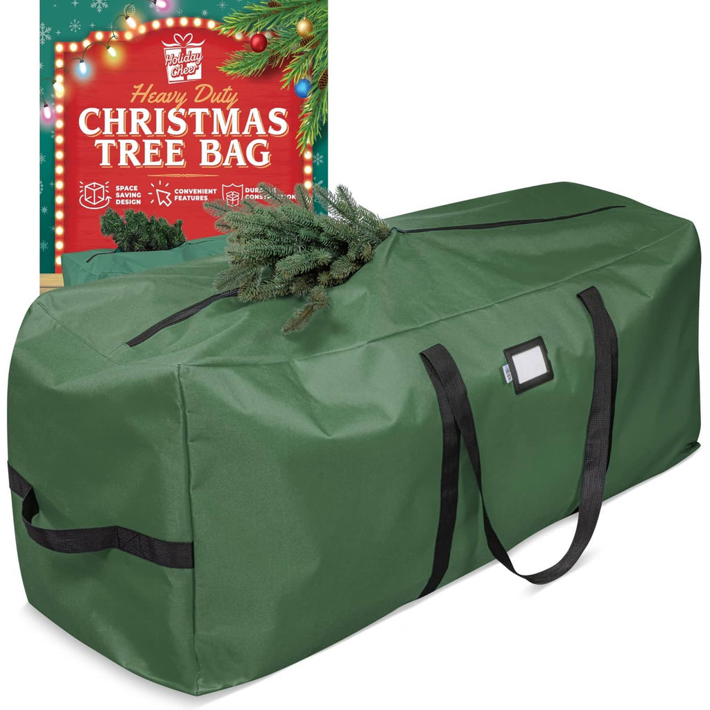 Green waterproof Christmas tree storage bag with black carry handles and secure straps