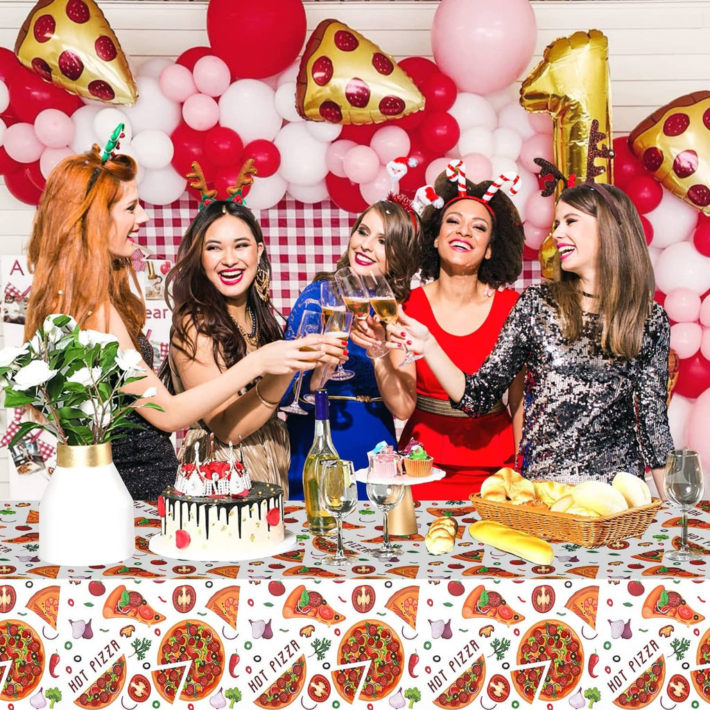 White tablecloth with repeating Hot Pizza slice and vegetable graphics