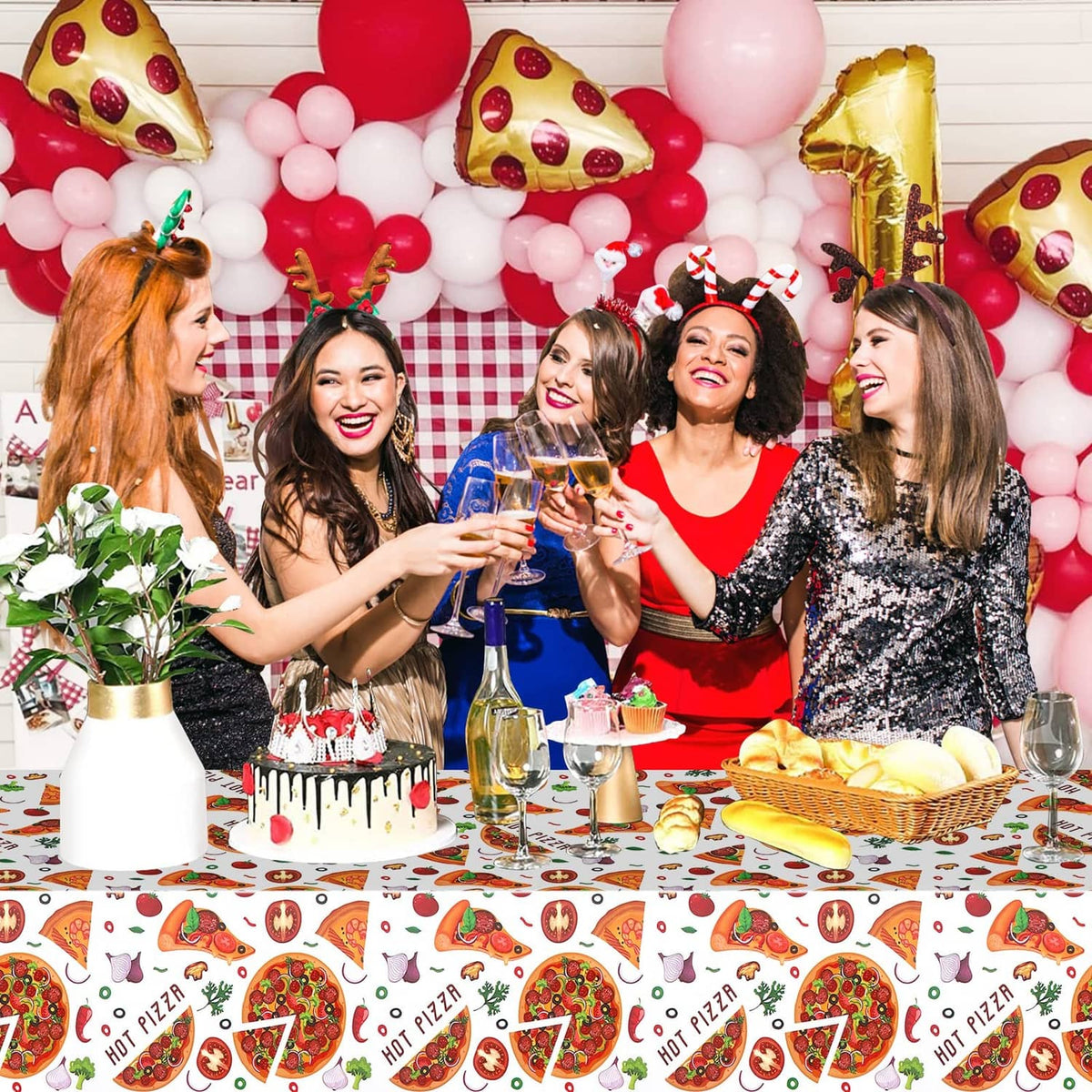 White tablecloth with repeating Hot Pizza slice and vegetable graphics