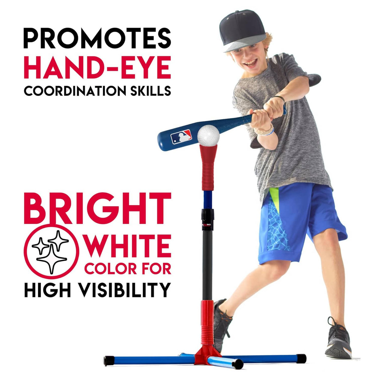 Bright white practice plastic baseball and red-blue training tee