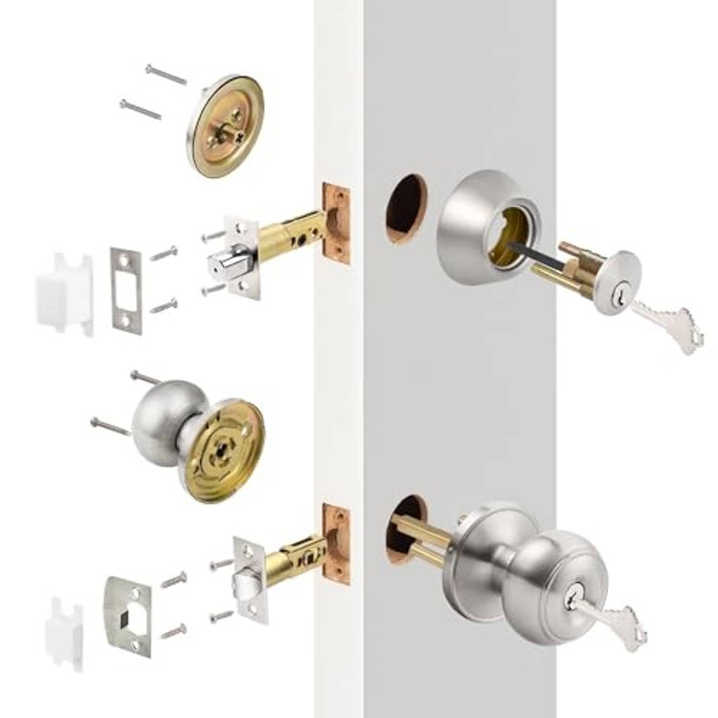Brushed nickel door knob and deadbolt set with exterior and interior components