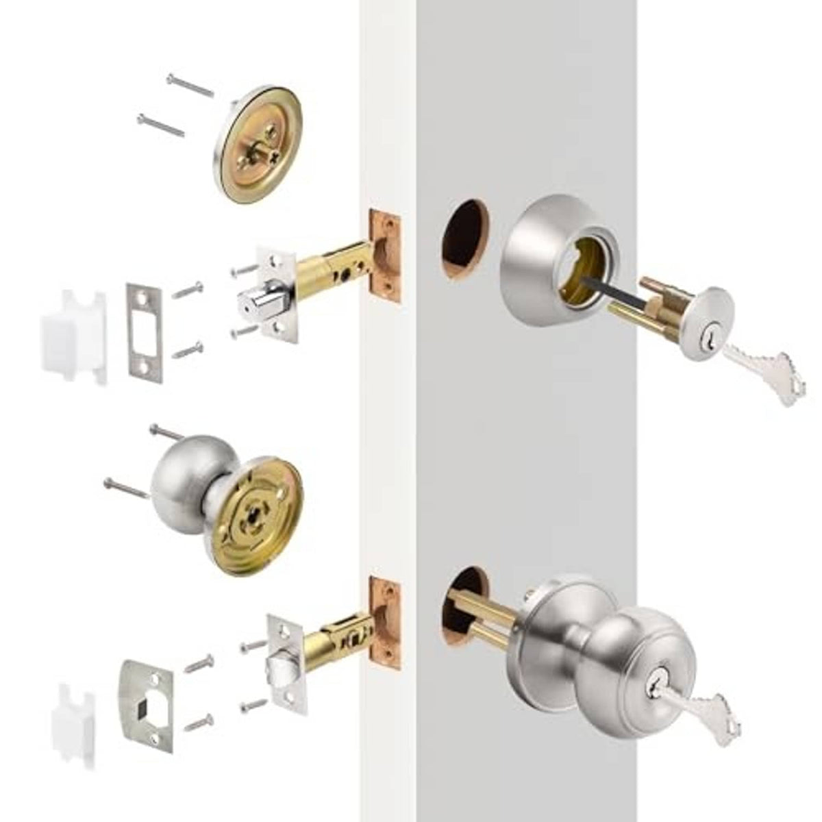 Brushed nickel door knob and deadbolt set with exterior and interior components