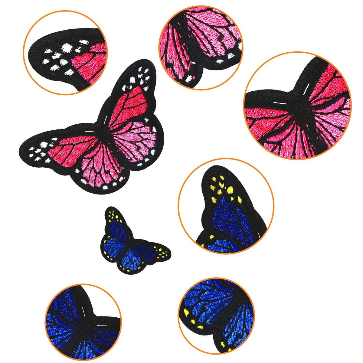 Set of embroidered butterfly iron-on patches in pink, blue, and green on black