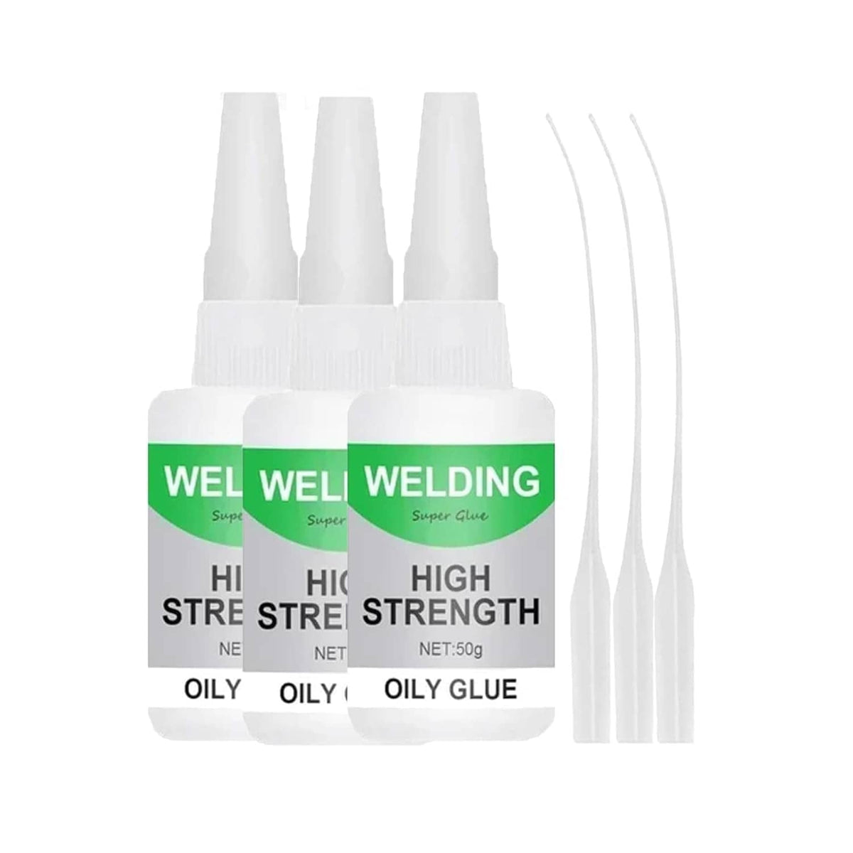 High-strength welding glue set, 3 clear bottles with green labels