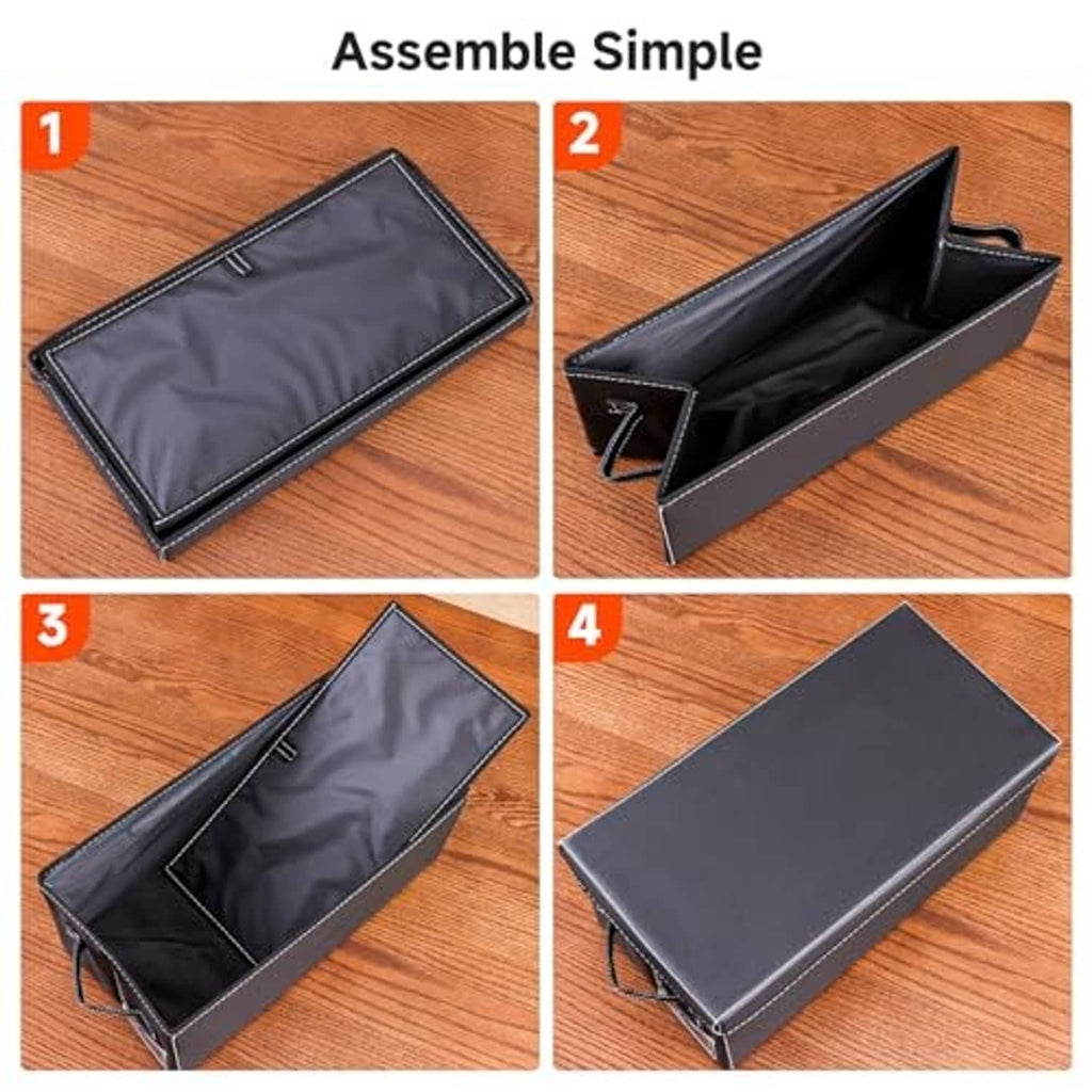 Black faux leather DVD storage box assembly views showing interior and lid