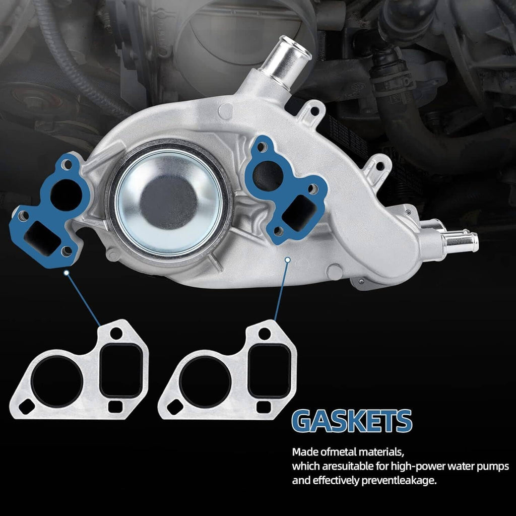 Water pump with thermostat and gaskets, silver pump body with black cover and included parts