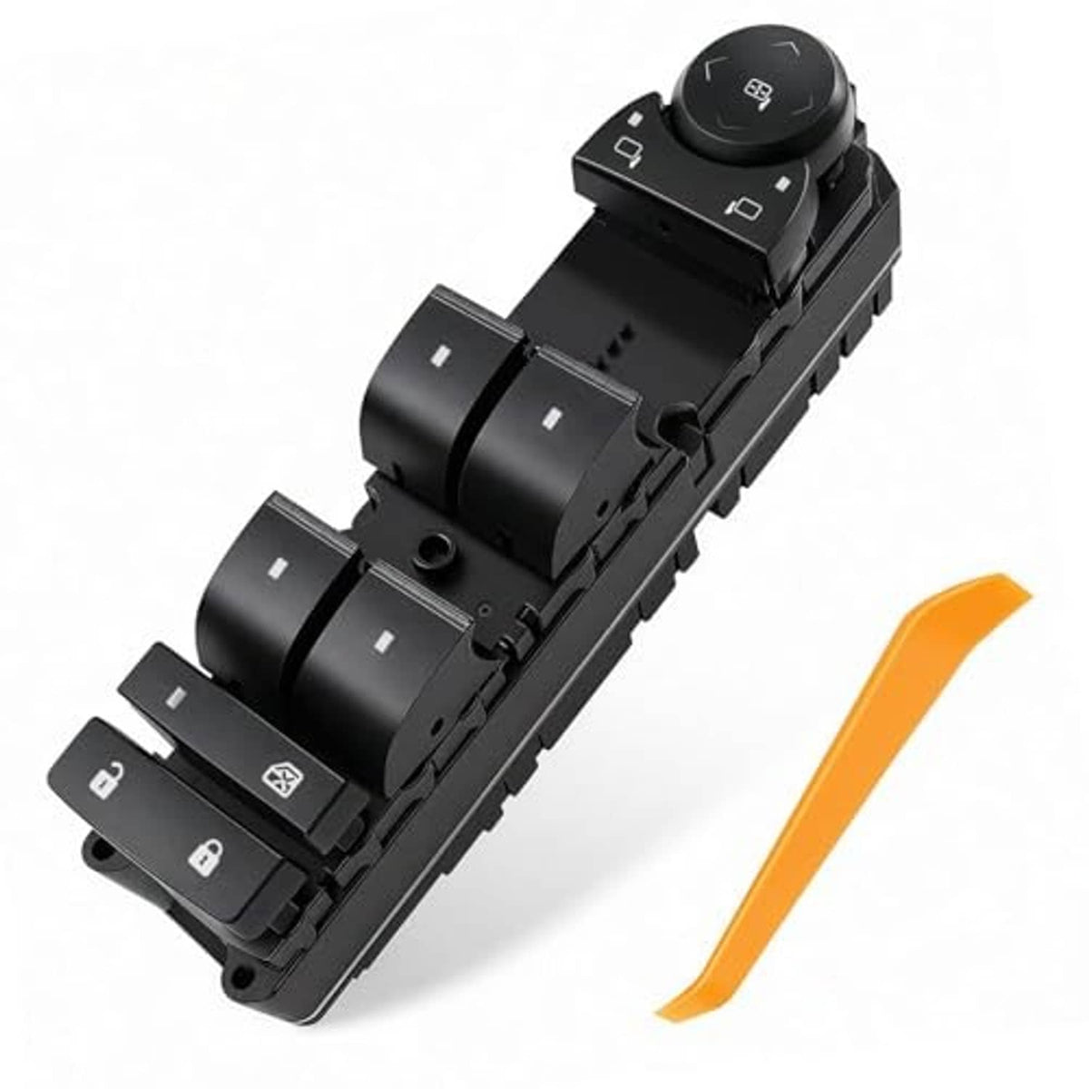 Black power window switch panel with master window buttons and door lock
