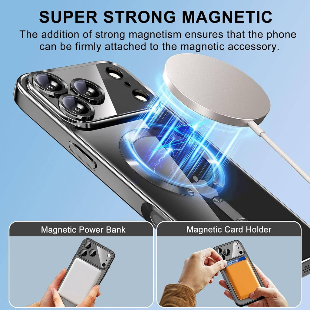 Magnetic phone case with round metal plate, protective dark gray back with camera cutouts