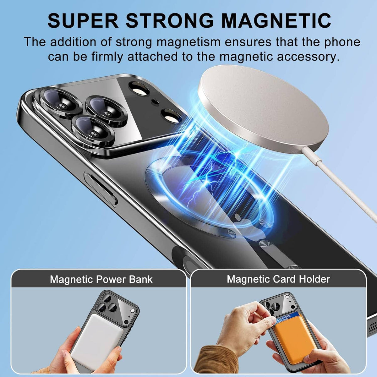 Magnetic phone case with round metal plate, protective dark gray back with camera cutouts