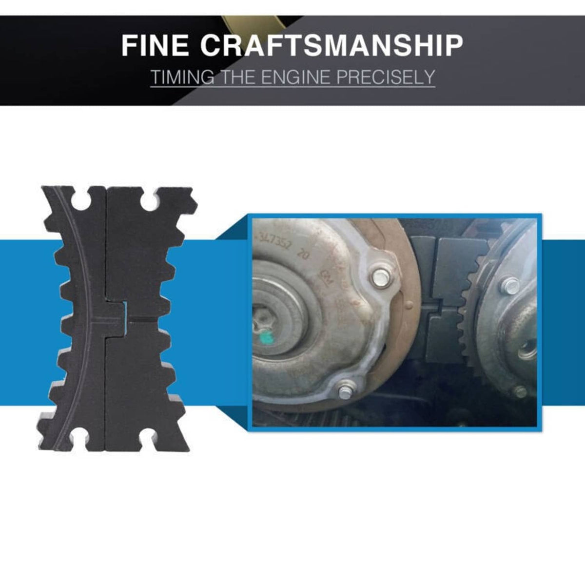 Camshaft timing alignment plate shown with installed engine component