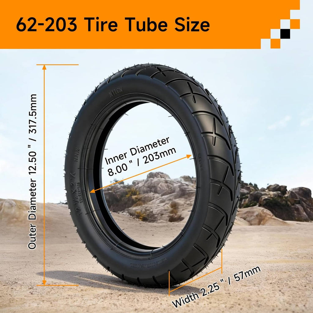 Black 12.5x2.25 tire with deep tread and open inner rim