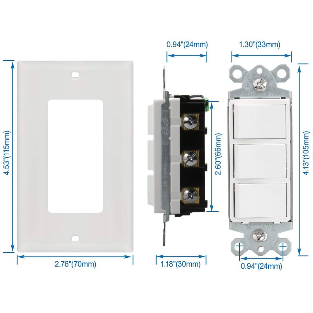 White triple rocker light switch and wall plate with inset dimensions diagram